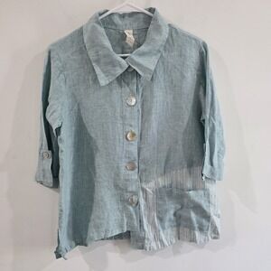 Chalet Womens Assymetric Linen Button Up Top Size Small Blue Coastal Euro Summer